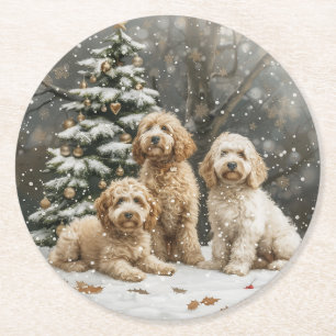 Porta-copo De Papel Redondo Cachorro de Goldendoodle de Natal