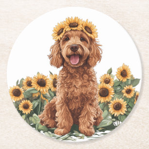 Porta-copo De Papel Redondo Cachorro de Goldenododododle Cute Vestindo Uma Cor