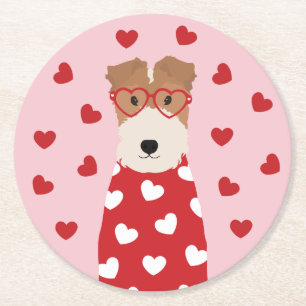 Porta-copo De Papel Redondo Cachorro Wire Fox Terrier Óculos de Coração Rosa V