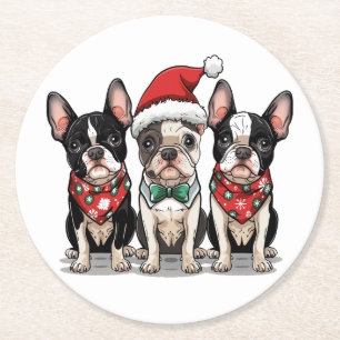 Porta-copo De Papel Redondo Cães de Natal em Boston Terrier