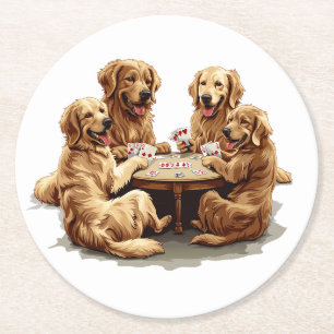 Porta-copo De Papel Redondo Cães De Reprodução De Ouro Bonito Jogando Cartões
