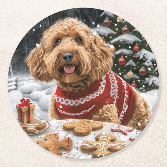 Porta-copo De Papel Redondo Cães Goldendoodle de Natal (Frente)