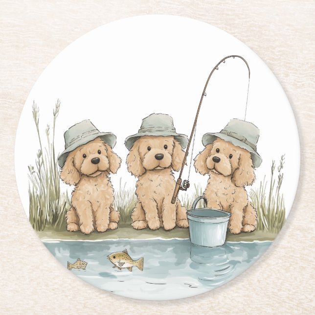 Porta-copo De Papel Redondo Cães Goldendoodle Pescando (Frente)