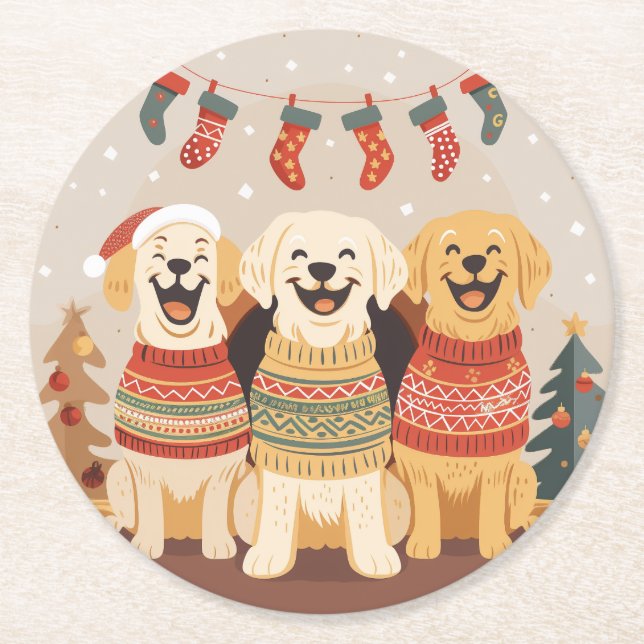 Porta-copo De Papel Redondo Cães Labrador Retriever de Natal (Frente)