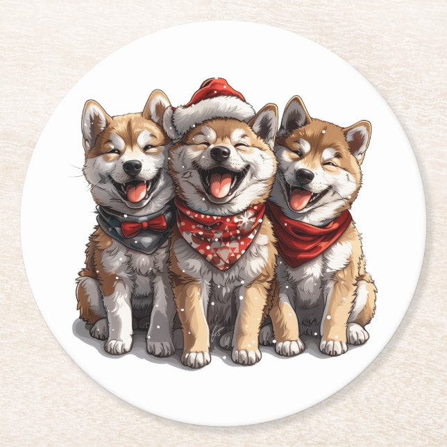 Porta-copo De Papel Redondo Cães Papais noeis de Shiba Inu de Natal (Frente)