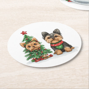 Porta-copo De Papel Redondo Cães Yorkie de Natal
