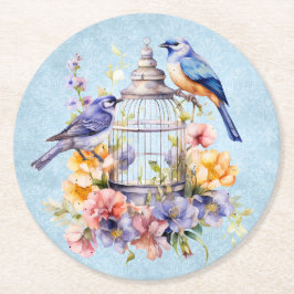 Porta-copo De Papel Redondo Cage de Pássaros Floral Romântico Vintage em Aquar