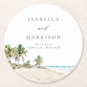Porta-copo De Papel Redondo CANCUN Praia em Aquarela Árvore de Palma Destino