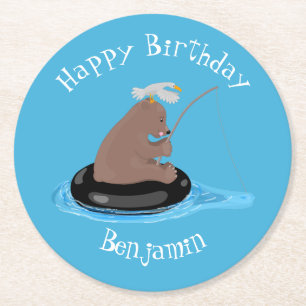 Porta-copo De Papel Redondo Cãozinho de urso bonito pescando aniversário perso