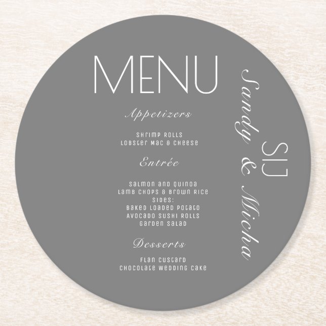 Porta-copo De Papel Redondo Cardápio de Jantar de Noivado Simple Script Cinza (Frente)