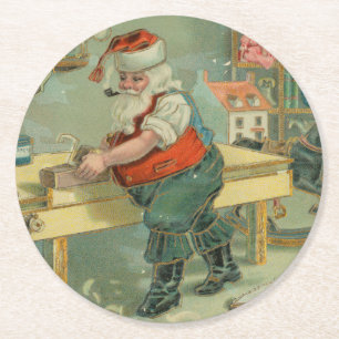Porta-copo De Papel Redondo Cartão de Natal Antigo - Papai Noel em sua Oficina