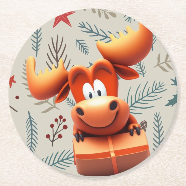 Porta-copo De Papel Redondo Cartoon Moose com Presente no Padrão de Natal (Frente)