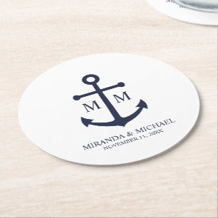Porta-copo De Papel Redondo Casamento Âncora Azul Marinho Náutico