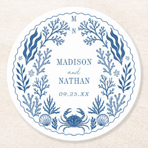 Porta-copo De Papel Redondo Casamento Azul Náutico Praia Oceano Concha
