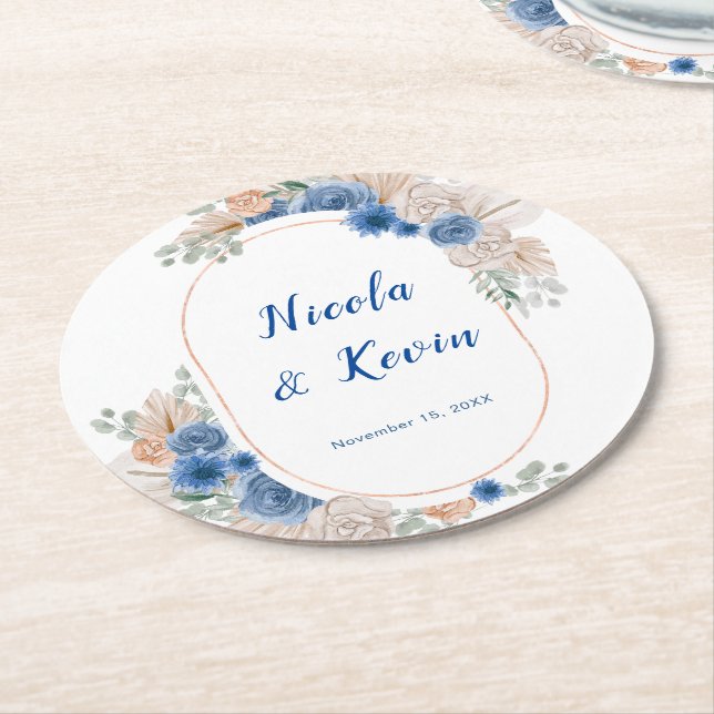 Porta-copo De Papel Redondo Casamento Boho Azul com Grama das Pampas (Angulado)