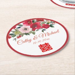 Porta-copo De Papel Redondo Casamento chinês moderno floral cor-de-rosa-vermel