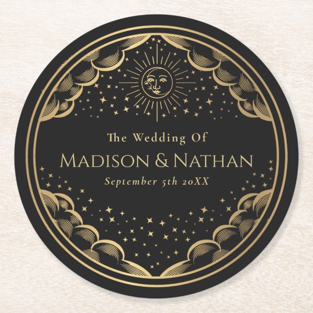 Porta-copo De Papel Redondo Casamento Clássico do Sol e da Lua do Tarot (Frente)