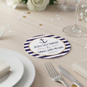 Porta-copo De Papel Redondo Casamento com Âncora Marinho e Stripe Branca
