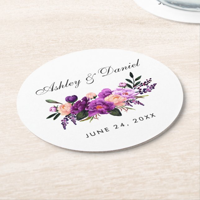 Porta-copo De Papel Redondo Casamento com Aquarela Floral Roxo Ultra Violeta (Angulado)