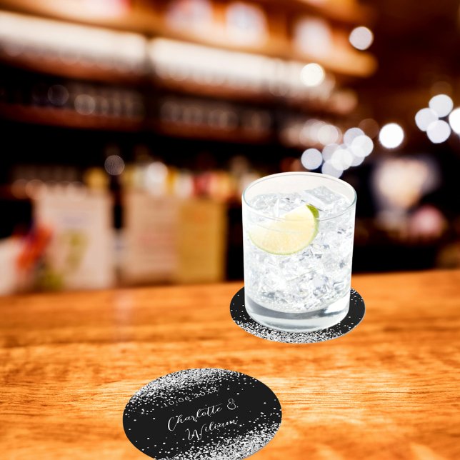 Porta-copo De Papel Redondo Casamento com guião preto de prata (Criador carregado)