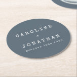 Porta-copo De Papel Redondo Casamento com Máquina de Digitalização Azul Escura<br><div class="desc">Porta copos de Papel redondo de casamento personalizado de fonte minimalista retrorreflectora em azul-poeirento escuro</div>