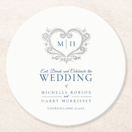 Porta-copo De Papel Redondo Casamento da coroa azul da prata monograma