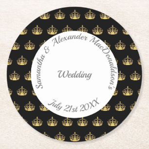 Porta-copo De Papel Redondo Casamento da coroa negra e dourada