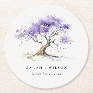 Porta-copo De Papel Redondo Casamento de Árvore Lilac Watercolor Jacaranda