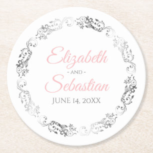 Porta-copo De Papel Redondo Casamento de Filigres Florais Elegantes de Rosa e