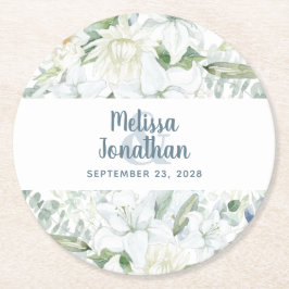 Porta-copo De Papel Redondo Casamento de flores brancas florais românticas aqu
