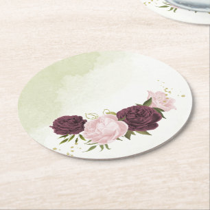 Porta-copo De Papel Redondo casamento de flores cor-de-rosa cabernet com folha