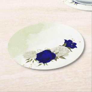 Porta-copo De Papel Redondo casamento de flores e folhagens azul royal e branc