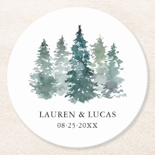 Porta-copo De Papel Redondo Casamento de Floresta de Pinheiros Verdes-Molhados