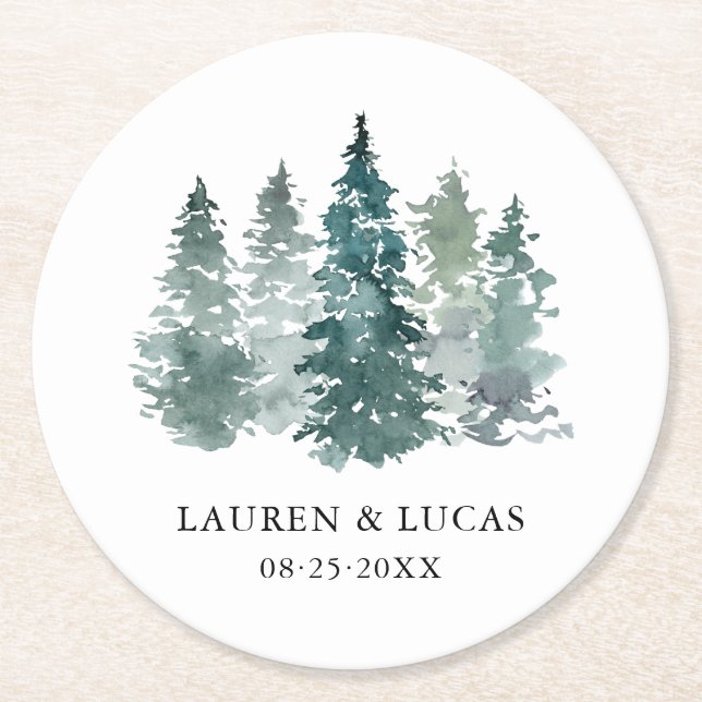 Porta-copo De Papel Redondo Casamento de Floresta de Pinheiros Verdes-Molhados (Frente)