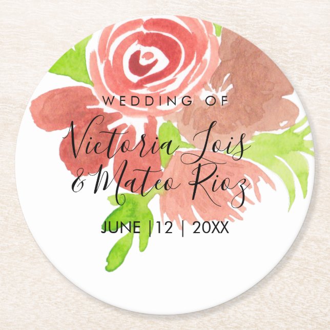 Porta-copo De Papel Redondo Casamento De Folhas De Pincel De Água, Cor Floral, (Frente)