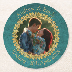 Porta-copo De Papel Redondo Casamento de Foto Personalizada Azul e Dourado