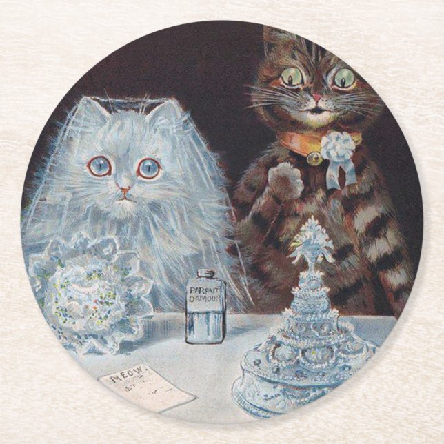 Porta-copo De Papel Redondo Casamento de Gato, Casamento, Noiva, Louis Wain (Frente)