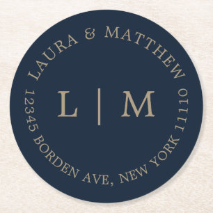 Porta-copo De Papel Redondo Casamento de Monograma Azul marinho