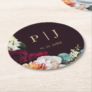 Porta-copo De Papel Redondo Casamento de Monograma Dourado Floral Rosa Autumn