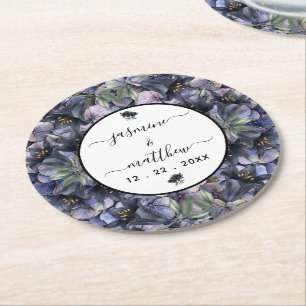 Porta-copo De Papel Redondo Casamento de Nomes de Casal Clássico Floral Preto