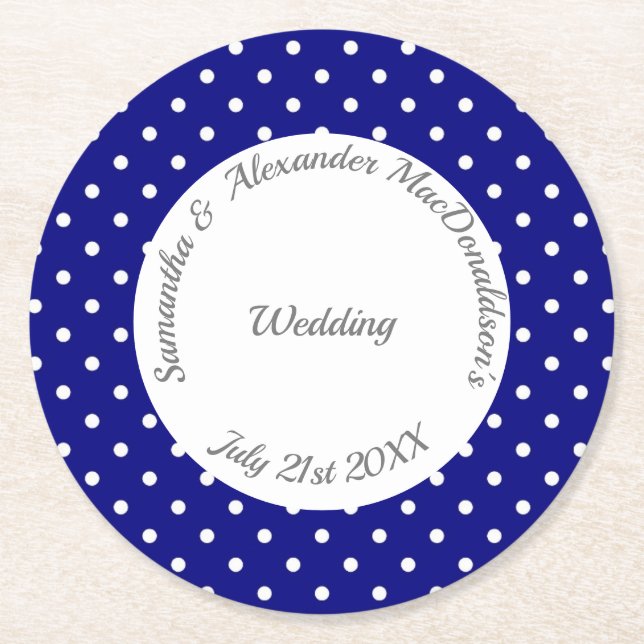 Porta-copo De Papel Redondo Casamento de polkadot branco e azul (Frente)