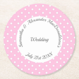 Porta-copo De Papel Redondo Casamento de polkadot branco, rosa pálido