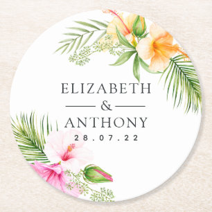 Porta-copo De Papel Redondo Casamento de Praia Floral Tropical de Watercolor