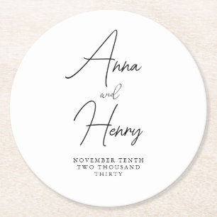 Porta-copo De Papel Redondo Casamento de Script Branco e Preto Minimalista Mod
