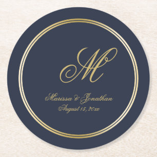 Porta-copo De Papel Redondo Casamento de Script Monograma Azul Dourado Elegant