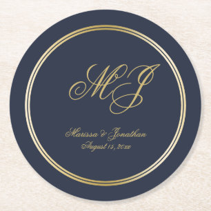 Porta-copo De Papel Redondo Casamento de Script Monograma Azul Dourado Elegant