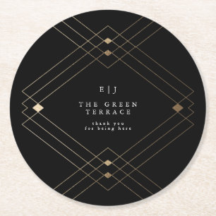 Porta-copo De Papel Redondo Casamento Dourado de Deco Gatsby Preto Diamante