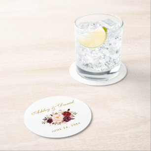 Porta-copo De Papel Redondo Casamento Dourado Floral de Borgonha