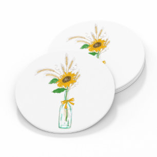 Porta-copo De Papel Redondo Casamento Elegante Floral Campo Amarelo Girassóis
