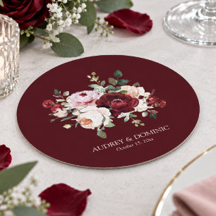Porta-copo De Papel Redondo Casamento Floral Bege Borgonha Elegante